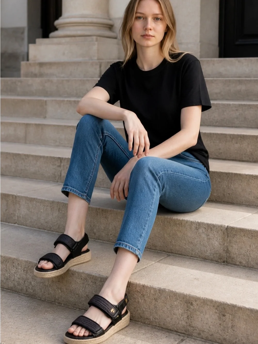 Tory Burch Black Woven-Strap Espadrille-Inspired Sandals